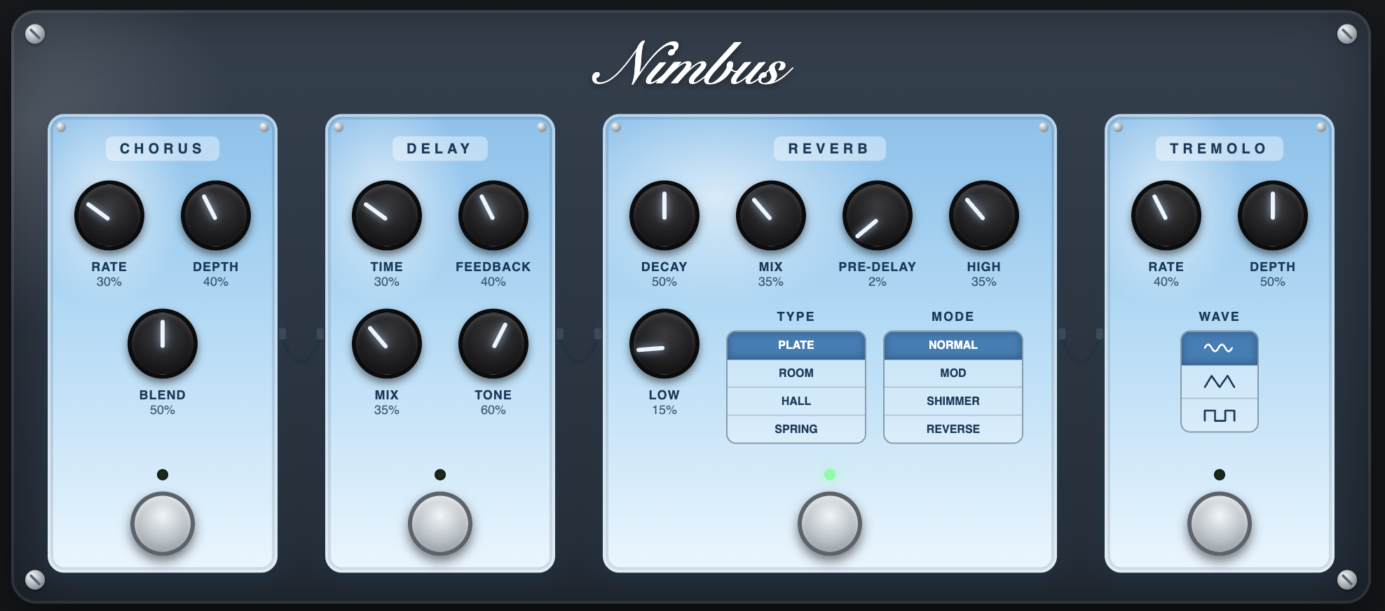The Nimbus plugin interface: Chorus, Delay, Reverb and Tremolo pedals wired in a chain.
